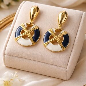 Nautical Gold Tone Navy and White Round Drop Earrings -